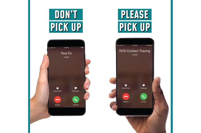 An image showing a cellphone that says "Ex" with the words "Don't Pick Up" under it next to another cell phone that says "NY State Contacting Tracing" with the words "Pick up" under it
